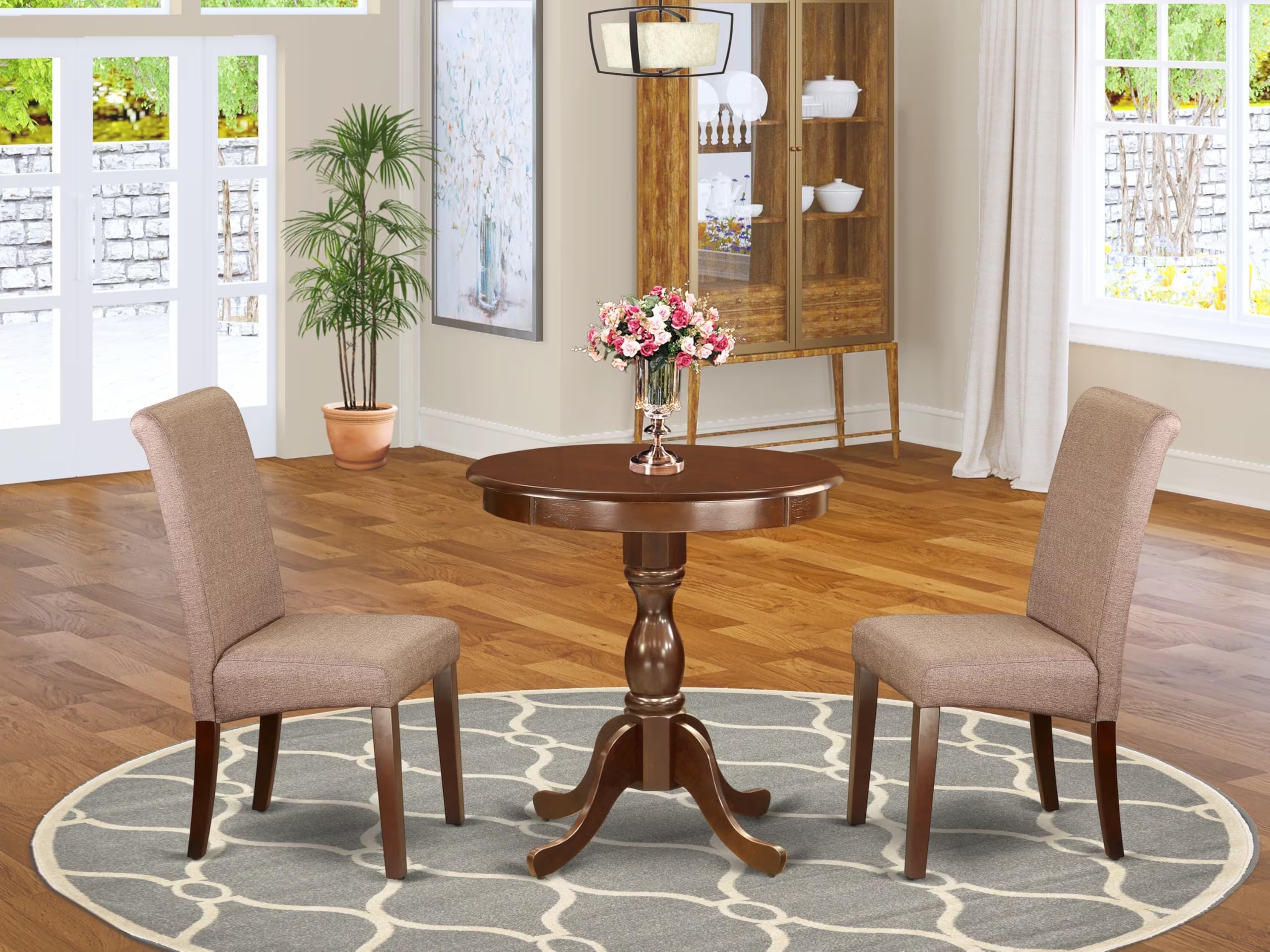 East West Furniture Esba3-Mah-18 3 Piece Kitchen Table Set Contains A Round Dining Room Table With Pedestal And 2 Brown Linen Linen Fabric Parson Dining Chairs, 30X30 Inch, Mahogany